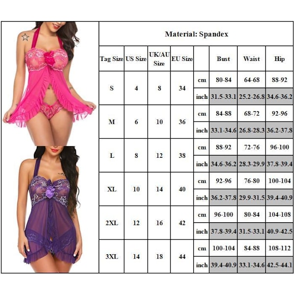 Kvinnlig sexig underkläder mesh push-up halterneck klänning nattkläder lila Purple M