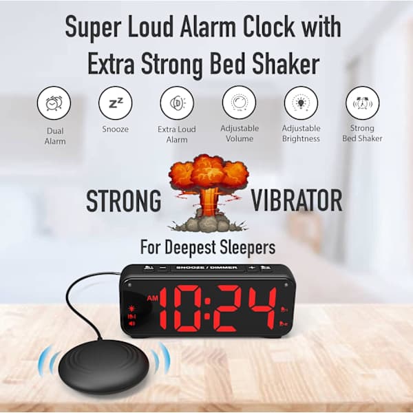 A5 Super Vibrerande Väckarklocka + Superhög Väckarklocka, Lämplig för Tunga Sovare/Döva/Hörselskadade, Superstor Display Vit