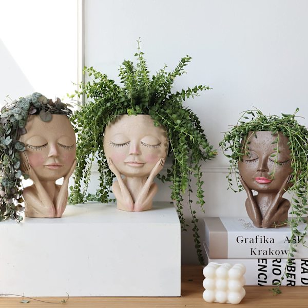 Ansiktsblomkruka Huvud Krukväxt Kruka Söt Harts Kaktus Krukväxt med Dräneringshål (Växter ingår ej.)