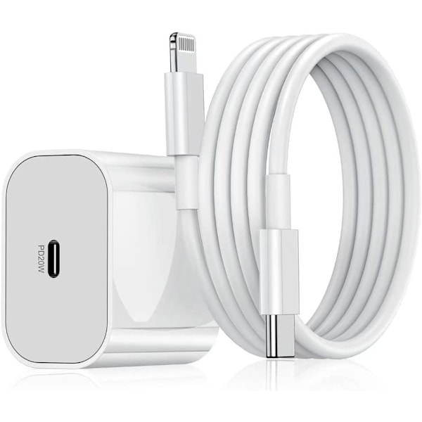 Hurtigoplader til iPhone 20W Væglader Stikblok med USB C til Lightning Kabelledning 1,8 m, Type C Opladningsstrømadapter Cube