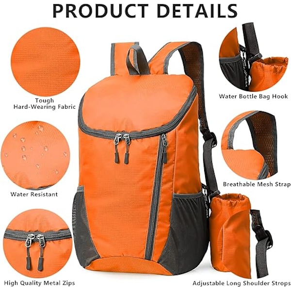 Vikbar Vattentät Ryggsäck, Liten Vandringsryggsäck, Unisex, Lämplig för Utomhussporter Resor Vandring Camping Promenader, Orange orange