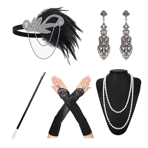 1920s Flapper Costume Headband Necklace Glove Bracelet Gatsby MC Onesize C