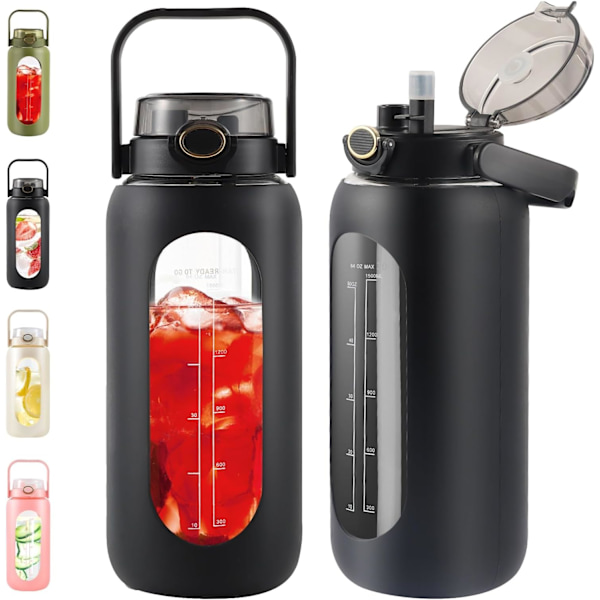 2-liters Glasvattenflaska med Sugrör och Handtag - 64oz Motiverande Vattenflaska med Tidsmarkering och Silikonfodral