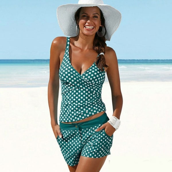 Dam Tankini Push Up Baddräkt Bikini Beachwear Badkläder gröna prickar green polka dots XL