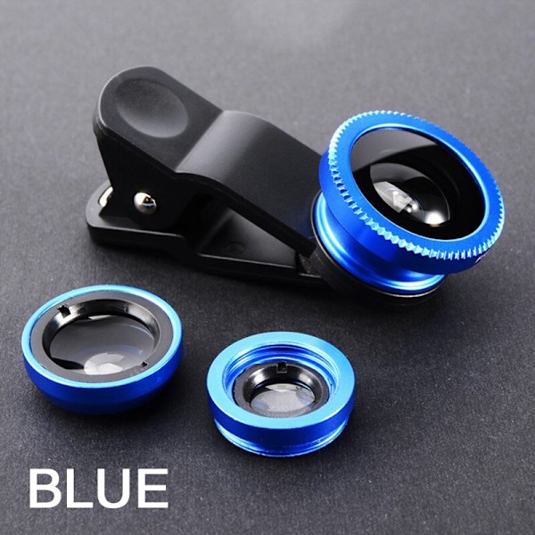 3-i-1 Fisheye-objektiv 0,67X vidvinkelzoom Fisheye makroobjektiv kamerasæt med klips universel objektiv til iPhone 13 Xiaomi Huawei Blue