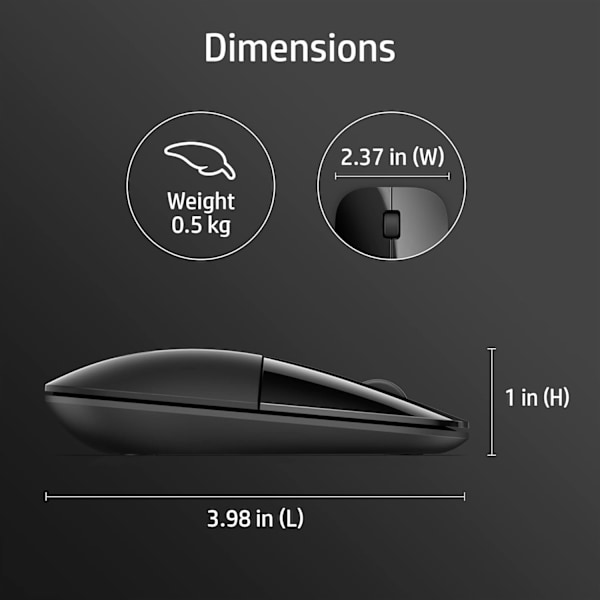 HP Z3700 2,4 GHz trådlös mus med blå LED, 1200 DPI optisk sensor, svart