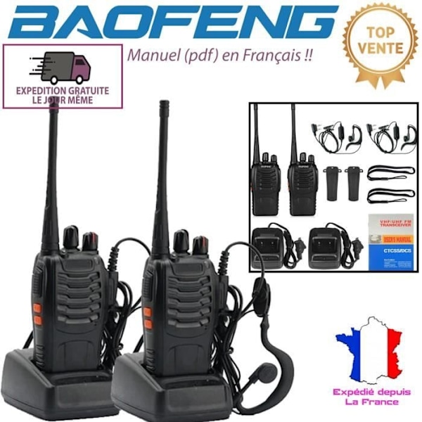 Pakke med 2 Baofeng BF888S walkie-talkies - 16 kanaler, opladningsbaser og headset inkluderet - Sort-Xin