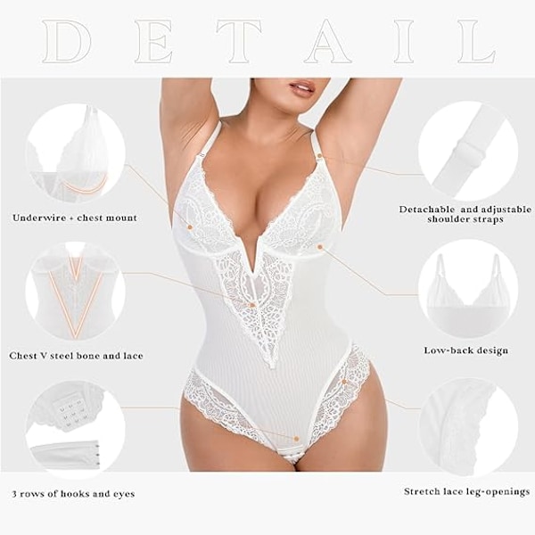 Popilush Pitsi Shapewear Body Naisten V-kaula Vatsan Body Suit Narut Valkoinen White M