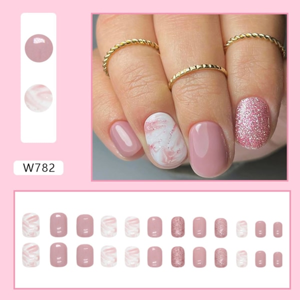 Glitter Pink Solid Color Print On Nails Short Coffin Shape False Nails Shiny Cover Artificial Nails Reusable Stick On Nails