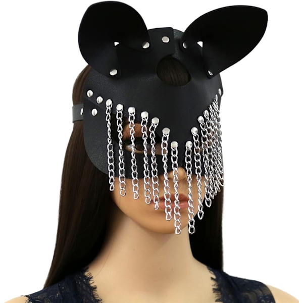 Moonlove PU-läder kattmask med kedjetasslar för kvinnor män, kostym cosplay Halloween mask mystisk halv ansiktsmask punkmask