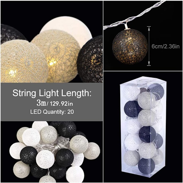 Bomullsboll ljusslinga - 3m 20 LED boll ljusslinga för inomhus nattljus dekoration som jul, bröllop, fest, rum, gardin