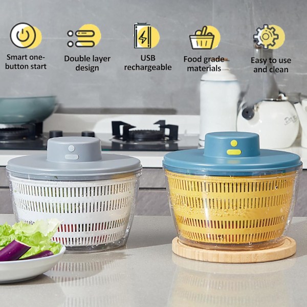 Elektrisk Salatslynge, 4000 ml Trådløs USB Genopladelig Salatspinner Dehydrator