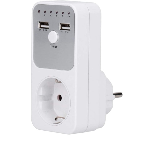Stikkontakt med timer og USB, 16A, 230V, Hvit