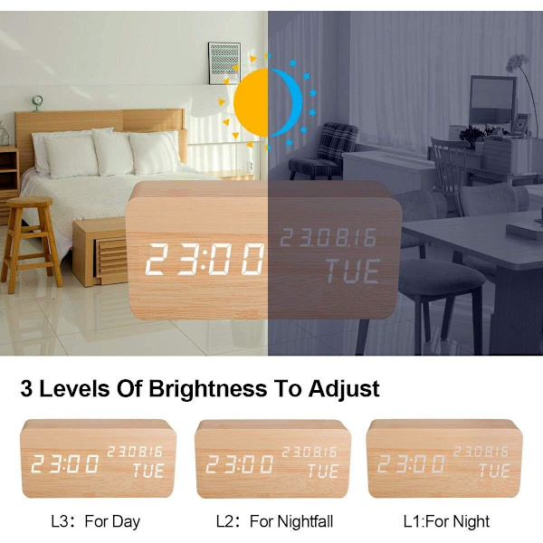 Artificiell trä LED väckarklocka digital klocka ljudaktiverad Wit