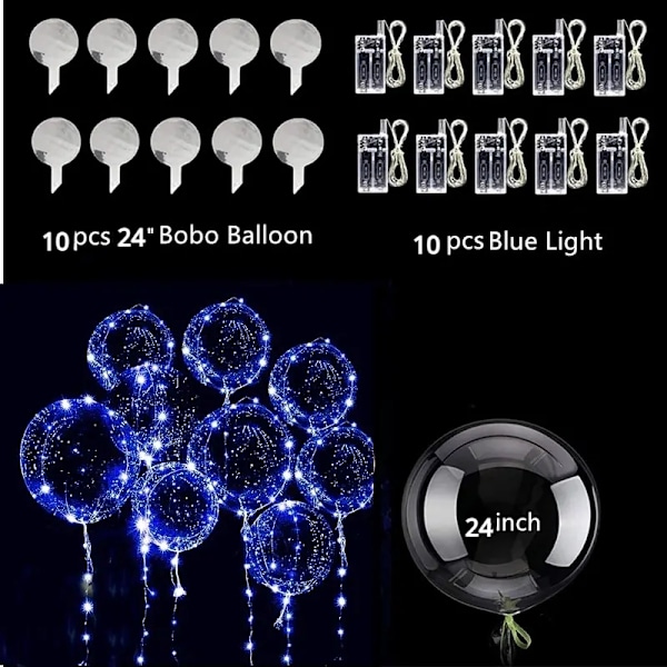 10 kpl Uusia 20\" LED-ilmapalloja Läpinäkyviä Helium Bobo -ilmapalloja, Hohtavia Bobo-ilmapalloja Valonauhoilla Ystävänpäivään Halloweeniin Jouluun Sininen Blue 10 Packs