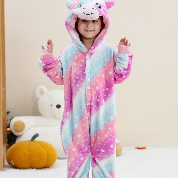Barnens Stjärnhimmel Enhörning Bodysuit Hooded Romper Flanell Barnkläder Höst Vinter Mixed colors 4Y