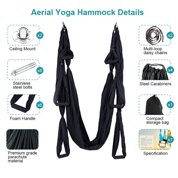 Luft Yoga Hengekøye, Yogasving, Air Fly Hengekøye Sett, Svart