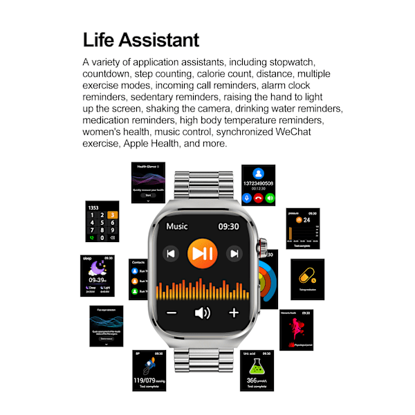 INF Smartwatch EKG, puls, blodtryk, søvn, skridttæller Svart Sort