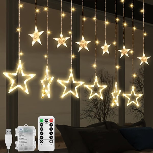 Jul LED Stjärn Gardinlampor, 12 Stjärnor 138 Fönster Gardin Stränglampor med 8 Blinkande, Heminredning, USB/Batteridriven (A - Varmvit)