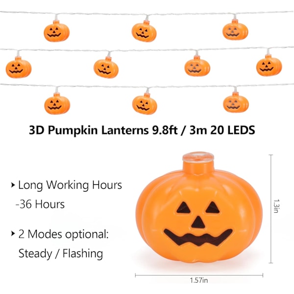 Halloween-lyskjede med gresskar, 3 meter, 20 stykker, for rom- og hagedekorasjon