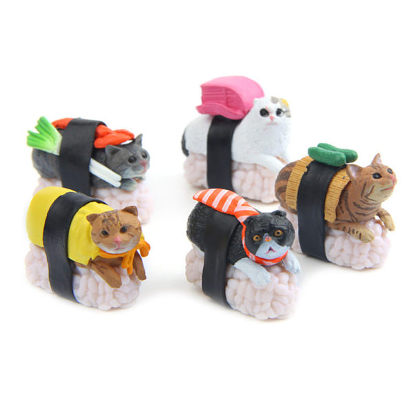 5 st Cartoon Miniatyr Kawaii Sushi för Katt Figur Mini för Dockhus Fe Trädgård