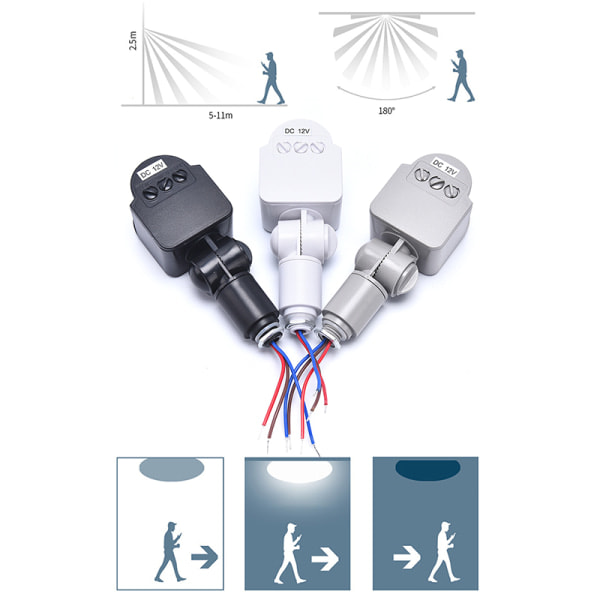 Rörelsesensor DC12V Infraröd PIR rörelsedetektor Utomhus Sens Vit 12v