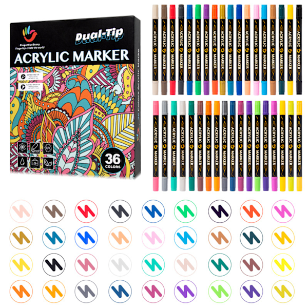 36 akrylpenner for steiner Vanntett med dobbel spiss (fin spiss og pensel) - Akrylpenner forskjellige overflater - Multimarker akryl