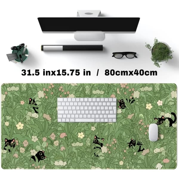 Grön skrivbordsmatta XL söt katt cool skrivbordsmatta tangentbordsmatta Kawaii svart katt blomma musmatta grön skrivbordsmatta sydd skrivbordsdekor 31,5x15,7 tum