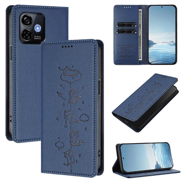 Søde Katte Præget Magnetisk RFID Vegansk Læder Telefoncover Dark Blue For Ulefone Note 16 Pro