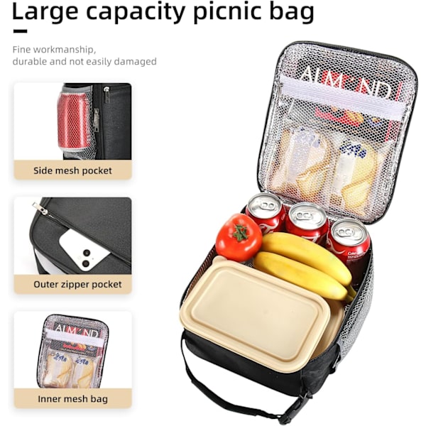 Lunchbox Lunchväska för män och kvinnor Stor kapacitet Lunchbox Återanvändbara Lunchväskor Isolerad Lunchväska Lunchbox kylväska (Svart)