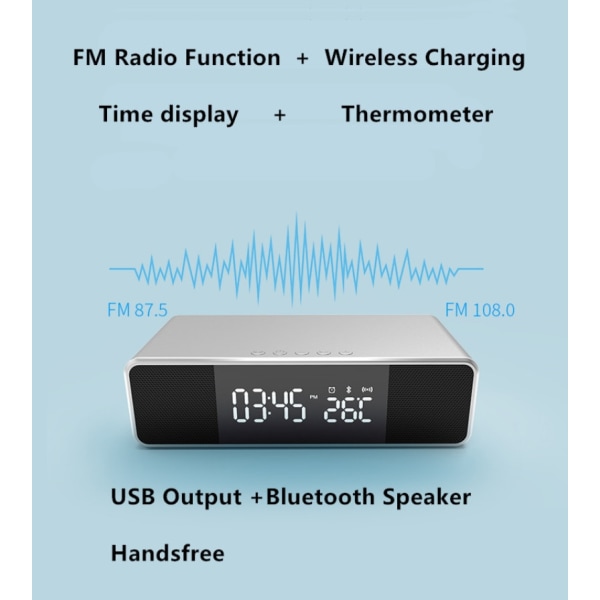 Bluetooth-högtalare multifunktions väckarklocka med radio LED