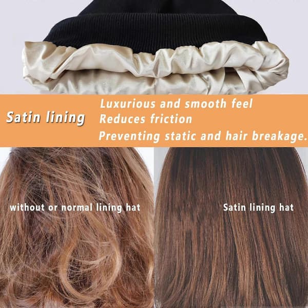 Unisex Satinfodrad Antistatisk Mössa Hatt För Kvinnor Vinter Silkesfoder Slouchy Varm Uppvikt Skullies Utomhusmössa black