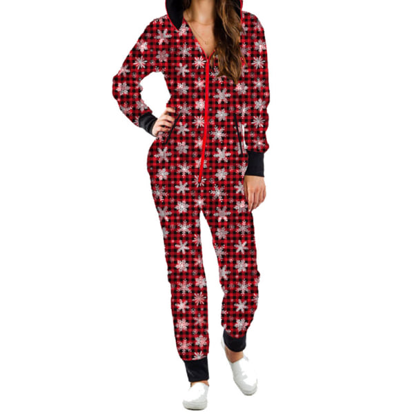 Kvindernes One Piece Print Sleepwear Jul Pyjamas Jumpsuit ZX Snowflake-rød Snowflake red 2XL