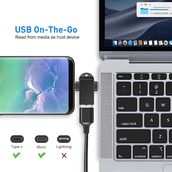 2-in-1 Micro USB/USB-C - USB 3.0 -sovitin kaapelilla (2-pakkaus), Seminer USB C - USB -sovitin, Micro - USB -muunnin A -sovitin, musta