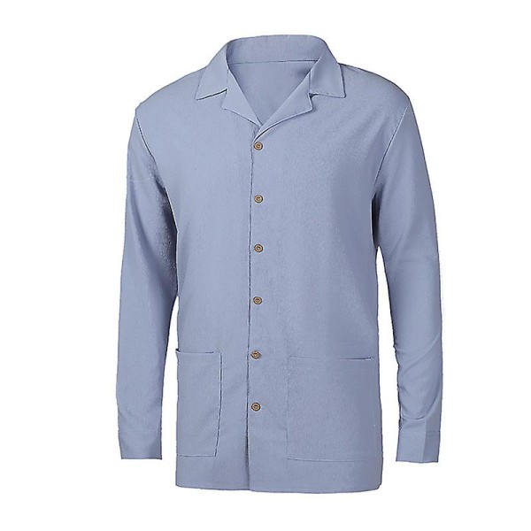 Men's Casual Long Sleeve Lapel Collar Beach Shirt Blue Blue L