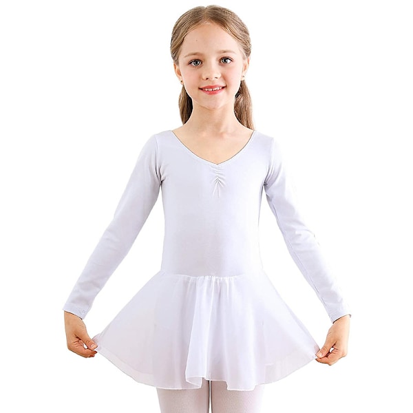 Flicker Langaermet Balett Leotard Dans Tutu Kjole Hvit White 110cm