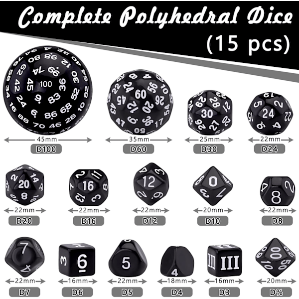 15-sidet terning sett, svart og hvit, Polyhedral Dice Set f [qb]