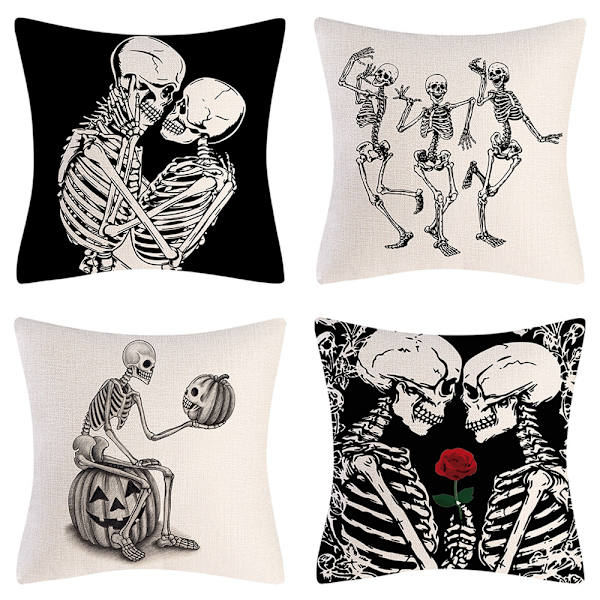 Set med 4 Halloween-dödskalle örngott heminredning Halloween-gåvor bomull linne örngott kuddar