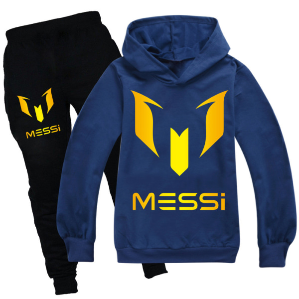 Børns Messi Forår Efterår Træningssæt Hættetrøje Sweatshirt T-shirt + Sportsbukser Marineblå Navy blue 130cm