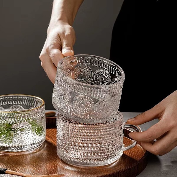 2 st Vintage Kaffemuggar, 400 ml Glas Tekoppar med Skedar, Genomskinliga Präglade Glasmuggar