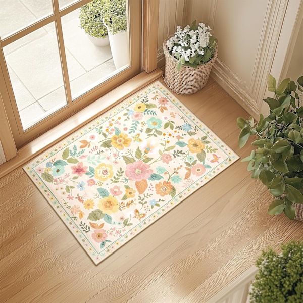 Dørmatte Indendørs Indgang 2x8 Tæppe Maskinvaskbar Boho Blomster Lille Arealtæppe Skridsikker Lav Bunke Kast Tæpper til Entré, Køkken, (Beige) -8