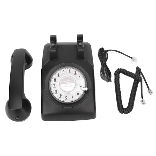 Retro telefon med ledning, drejeskive, understøtter genopkald, mekanisk ringetone, vintage bordtelefon med højttaler, sort
