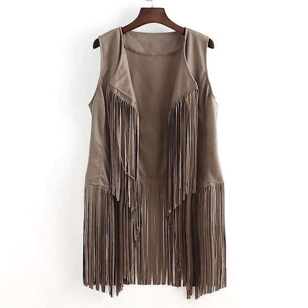 1970'ernes Kvinde Tassel Ærmeløs Vest 70'er Retro Hippie Kunstlæder Frynser Jakke Cardigan Beige Beige XL