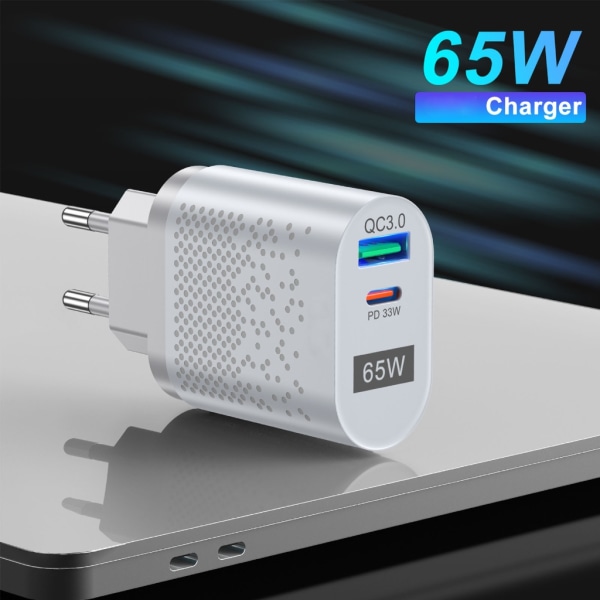 US/EU/UK/KR 65W GaN-oplader til QC 3.0 USB PD vægoplader Type C USB hurtigoplader til bærbar telefon Power Bank-adapter White - EU 0.07