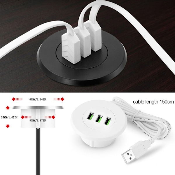 3-port USB-skrivebordslader Skrivebordsladestasjon monteres på 2,0\"/50mm gjennomgående hull med adapter og 1,5m strøm White 0.13