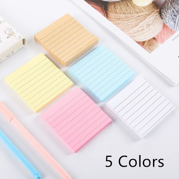 5 stk. Linjerede Sticky Notes Små Kvadratiske Neonfarver Forskellige Sticky Notes til Kontor, Studie eller Daglig Brug