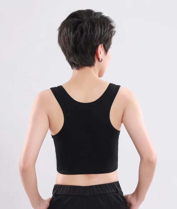 Kvinde flad brystbinder med bandage pullover halv længde korset lingeri transboy lesbisk trans undertøj vest brystbinder sort black 2XL