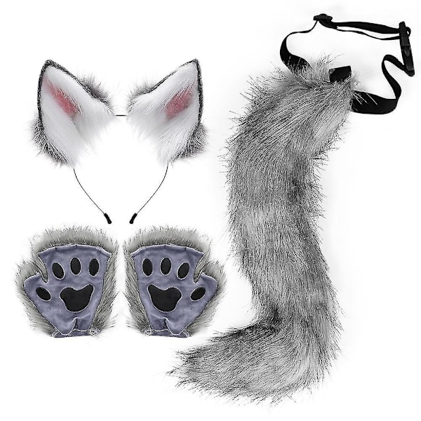 Lolita Simulation Beast Claw Plysj Ræv Ører Pandebånd Kunstig Pels Lang Pote Cosplay Rekvisitter Halloween Fest Tilbehør Sæt Dark grey