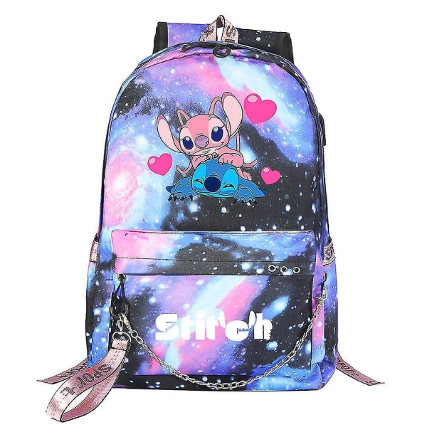 Lilo ja Stitch -reppu USB-portilla - Canvas-kirjareppu opiskelijoille - Koululaukku pojille ja tytöille - Matkamokat