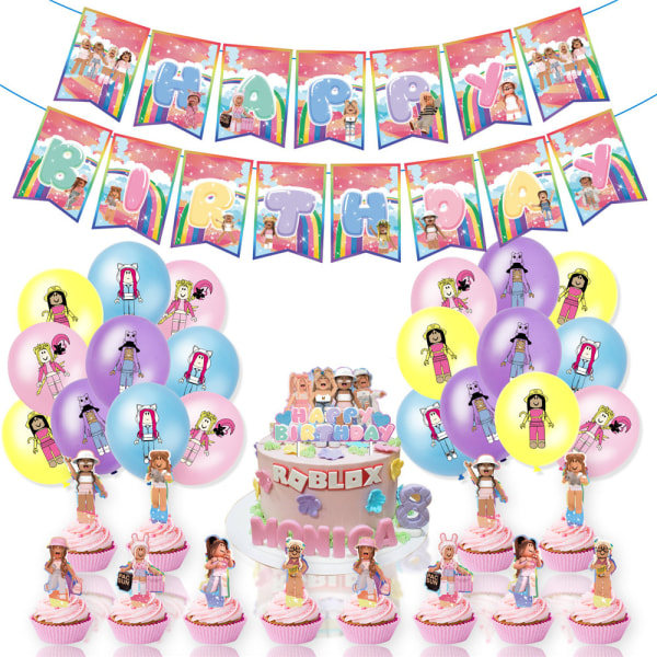 Rosa Roblox-tema ballong födelsedagsfest banderoll tårtdekoration